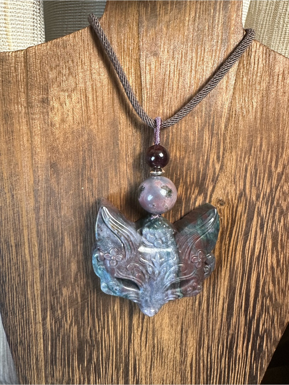 Blue & Purple Ocean Jasper Fox Mask Pendant Necklace on Brown Rope with Garnet - Picture 7 of 13